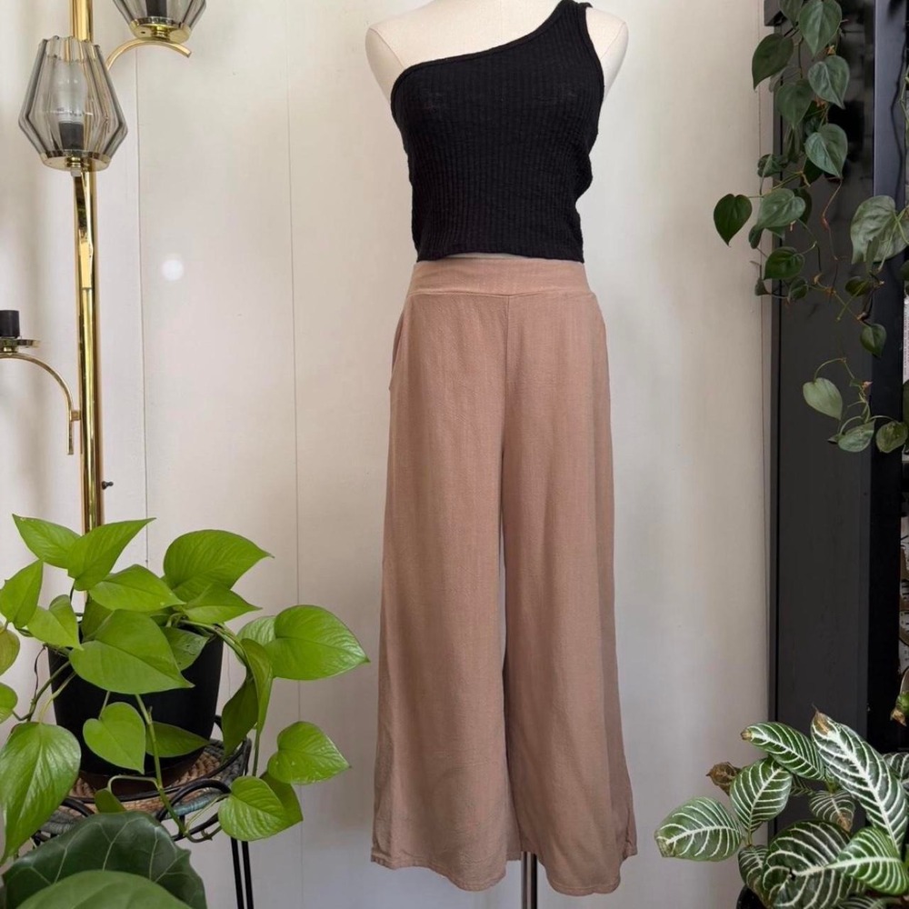 Anrabess Tan Linen Blend Wide Leg Capri Crop Pants Elastic Back Boho Small